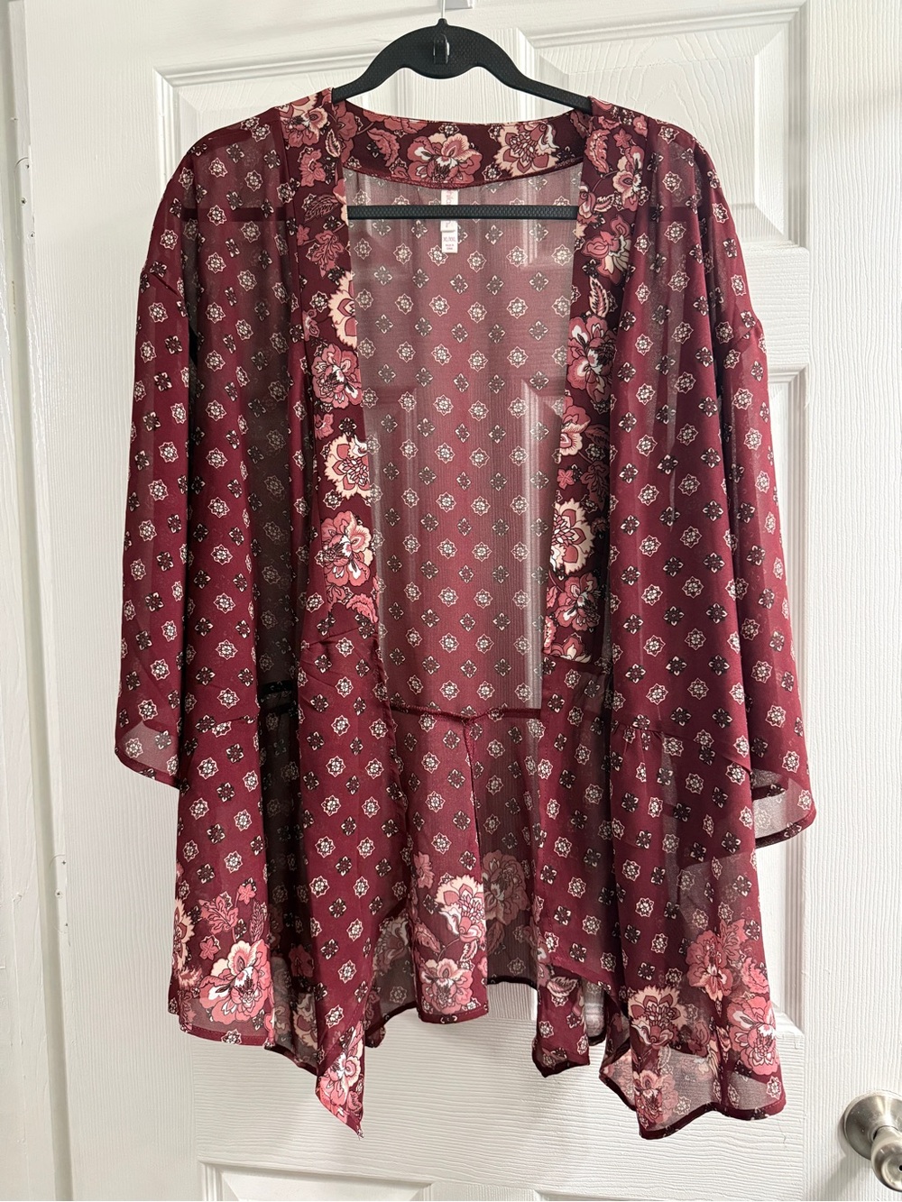 Xhilaration Burgundy Floral Sheer Open-Front Kimono Cardigan